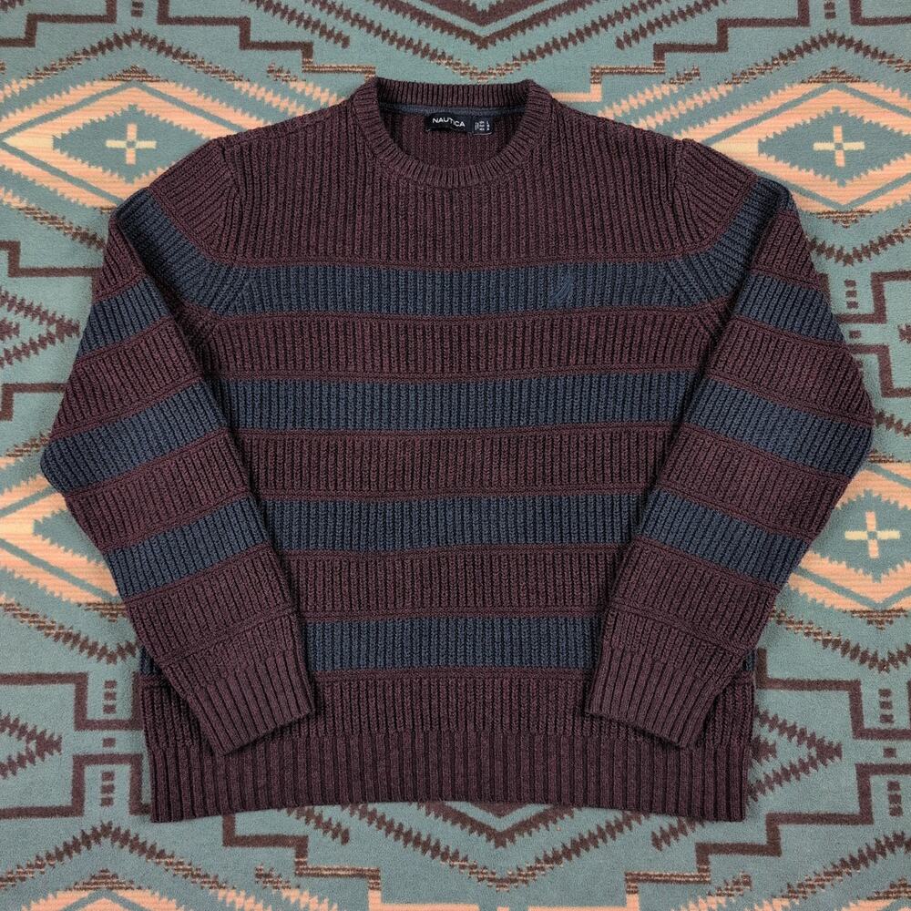 NAUTICA MENS SWEATER Size Large CREWNECK Striped Blue And Burgundy